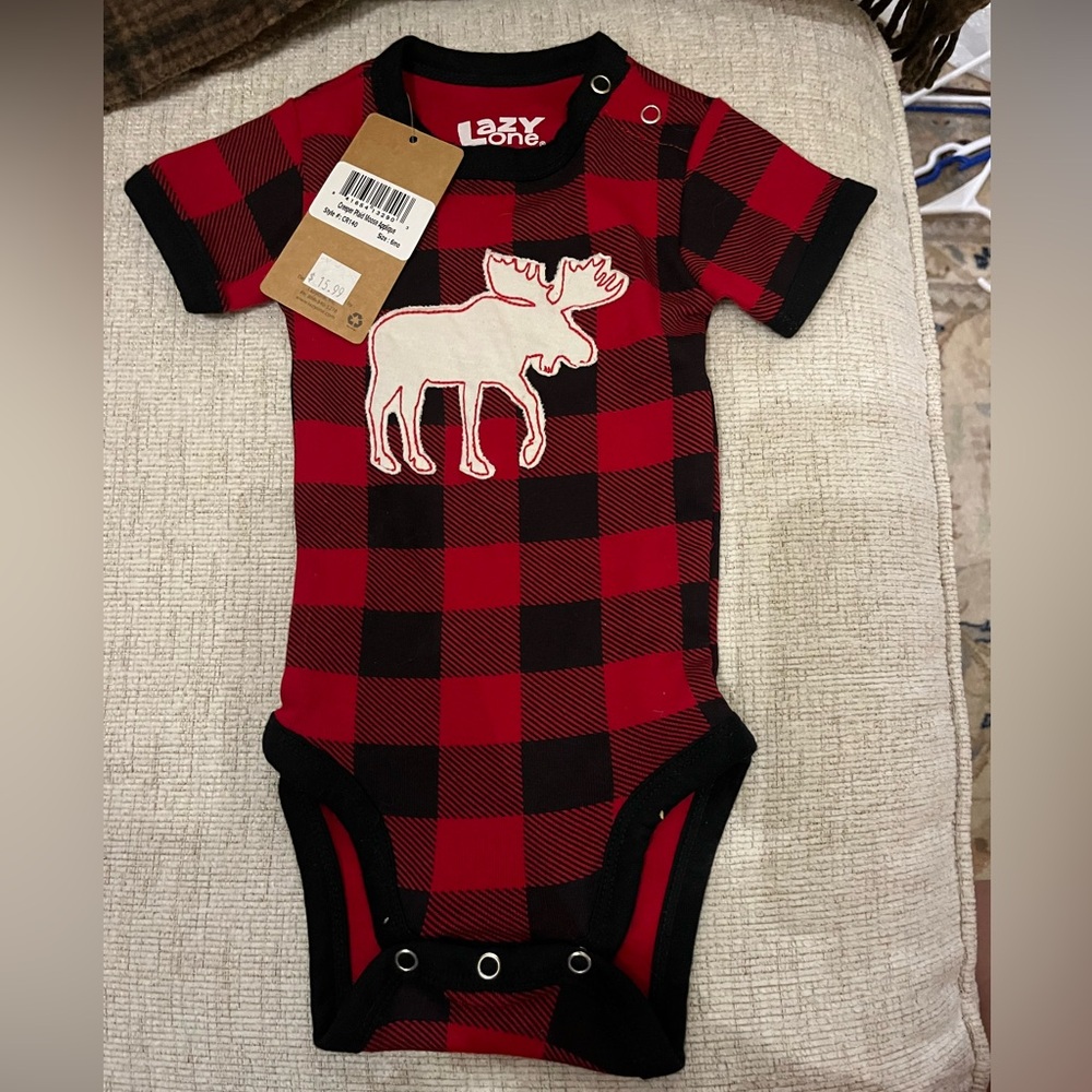 NWT Lazy One Red and Black Plaid Baby Onesie with Moose